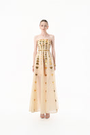 Elegant champagne metallic heart-embellished gown by Happy Clothing, featuring a flowing design and intricate heart details.