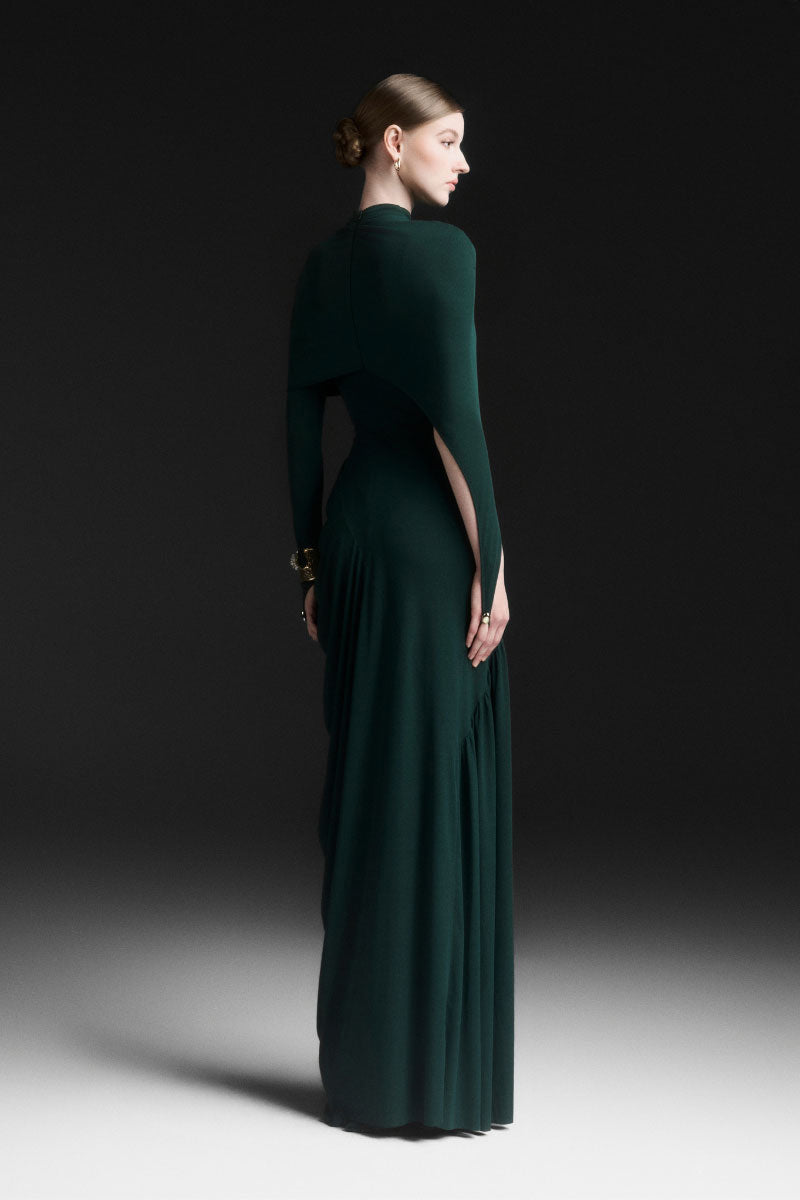 SERELLE RUCHED FLOOR LENGTH DRESS IN GREEN - CULT MIA