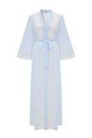 Long cotton voile robe by Bocan Couture featuring off-white lace details and a flowing, elegant design.