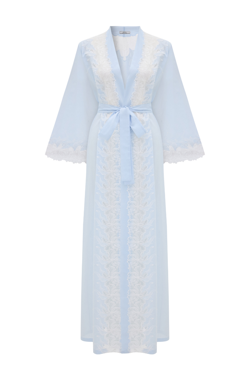 Long cotton voile robe by Bocan Couture featuring off-white lace details and a flowing, elegant design.