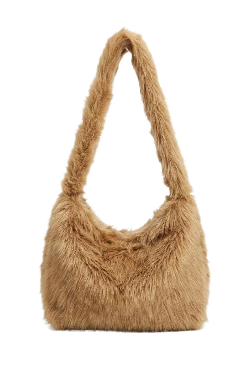 White Plan caramel faux fur shoulder bag with a soft, plush texture and stylish design.