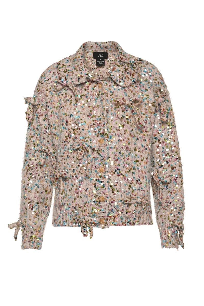 Lalo multi-colored cardigan with bow details, soft knit fabric, and long sleeves, perfect for casual or layered outfits.