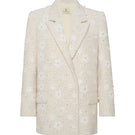 Ivory tweed suit blazer by HACCHIC COUTURE, close-up of tailored blazer with textured tweed fabric and classic lapel details.