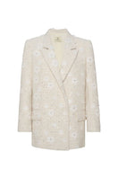 Ivory tweed suit blazer by HACCHIC COUTURE, close-up of tailored blazer with textured tweed fabric and classic lapel details.