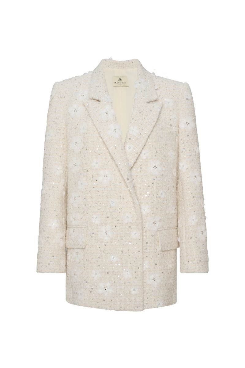 Ivory tweed suit blazer by HACCHIC COUTURE, close-up of tailored blazer with textured tweed fabric and classic lapel details.
