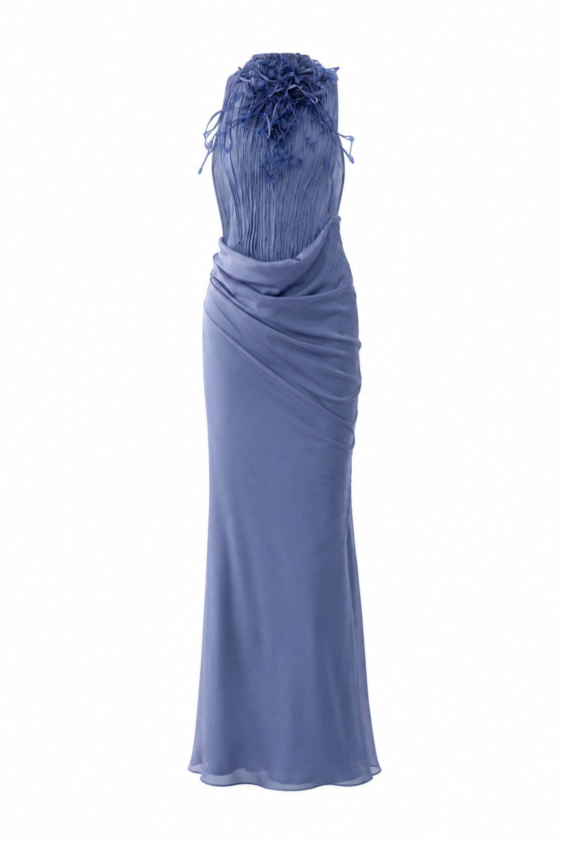 LECIA Vienna Copper Liquid Pleat Gown in Lumin Blue, a flowing maxi dress with metallic pleats and elegant design.