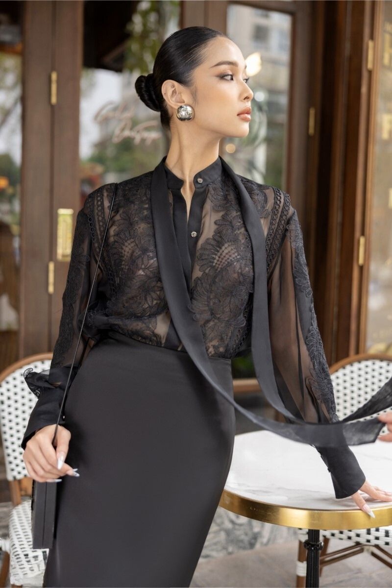 Aretha black silk mixed lace co-ord set featuring a fitted shirt and pencil skirt, stylish and elegant for sophisticated fashion.