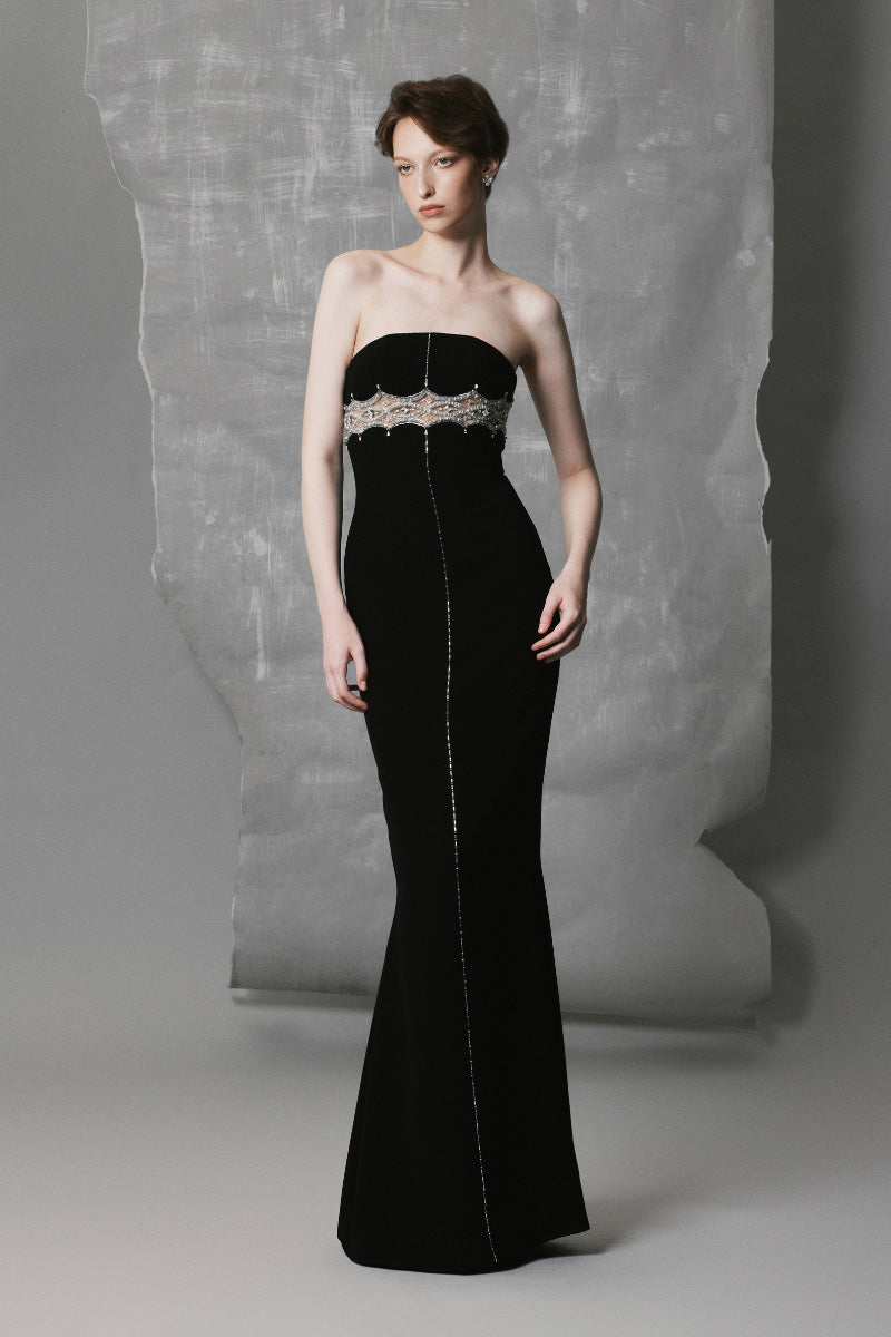 BLACK STRAIGHT LONG DRESS WITH INTRICATE BEADS