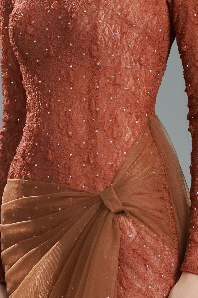 BROWN BODYCON LONG SLEEVED ORGANZA MAXI DRESS - CULT MIA