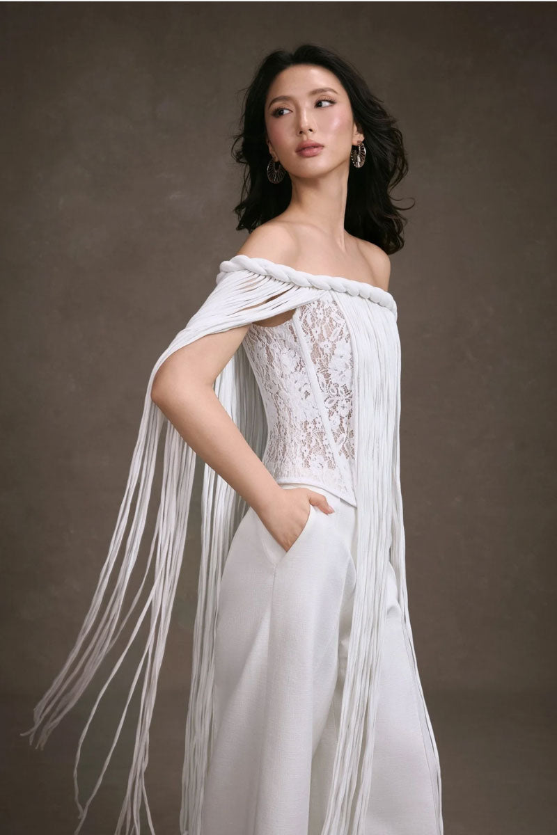 KEIRA TONG fringe lace corset top featuring intricate lace details and fringe accents, perfect for stylish tops and evening wear.