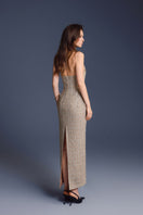 Keira Tong gold checkered cut-out midi dress with stylish design and cut-out details, perfect for elegant occasions.