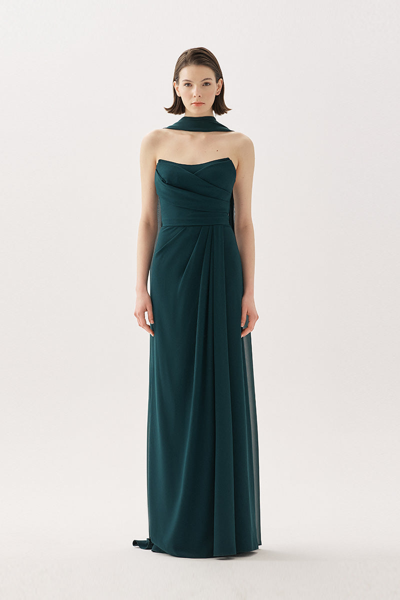 Tarık Ediz forest green Elvera maxi dress with elegant flowing fabric and fitted waist, perfect for formal occasions.