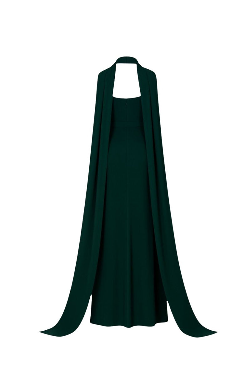 Elegant forest green maxi dress by Tarık Ediz with flowing fabric and a stylish silhouette, perfect for formal occasions.