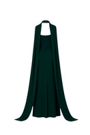 Tarık Ediz Elvera gown in forest green with flowing fabric and elegant design, showcased on a dress form.