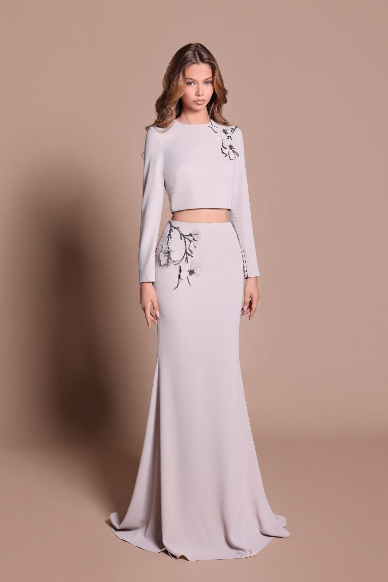 Tarık Ediz ASMINA Mink Co-ords set featuring a stylish top and matching pants, displayed from the front view.