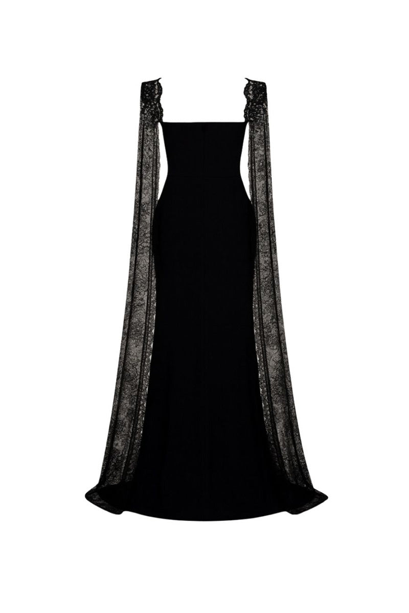 Black Tarık Ediz maxi dress with elegant flowy fabric and full-length design, perfect for formal occasions.