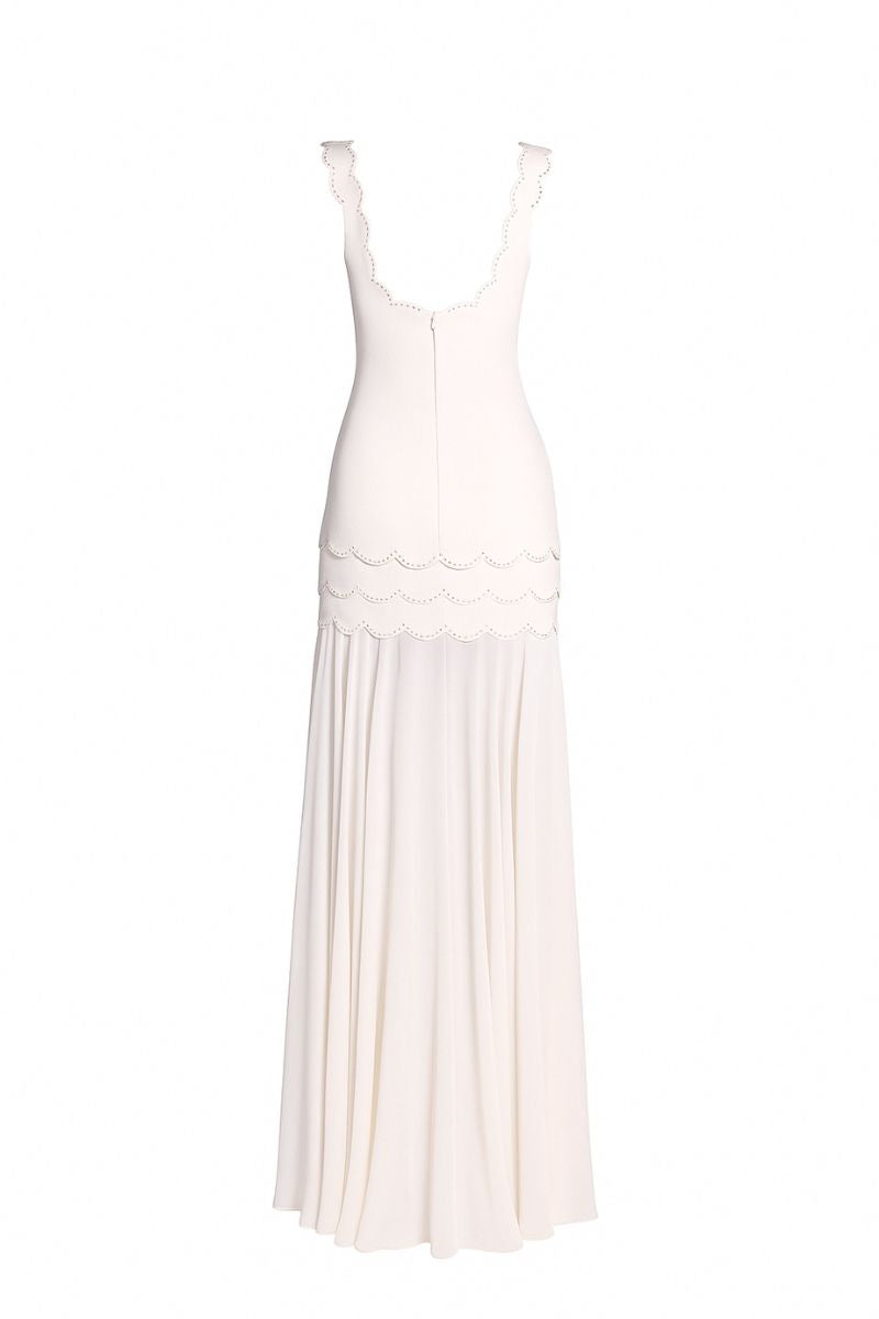 Tarık Ediz Rosie Vanilla maxi dress displayed on a ghost mannequin, back view showcasing its elegant design and fabric details.