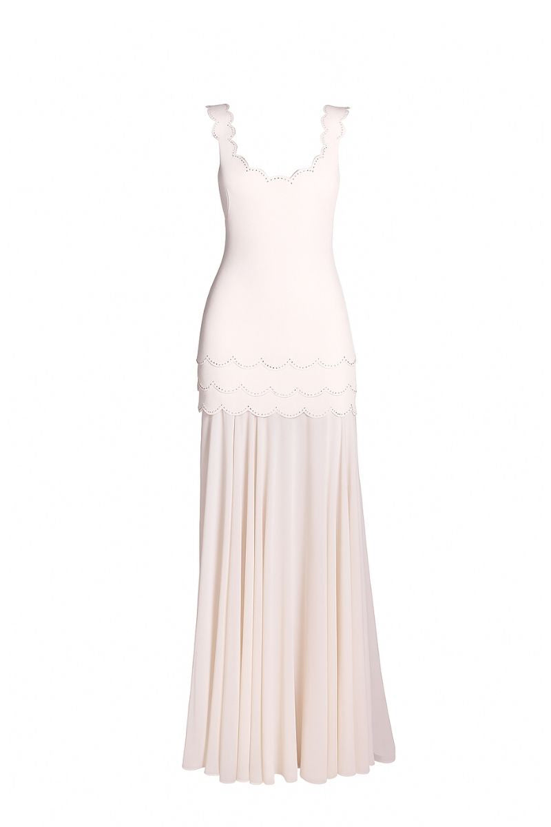Tarık Ediz Rosie Vanilla Maxi Dress on mannequin, front view showcasing elegant design and flowing fabric.