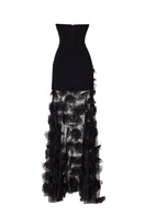 Black Wisteria dress gown by Tarık Ediz displayed on a ghost mannequin, showing the back design and elegant silhouette.
