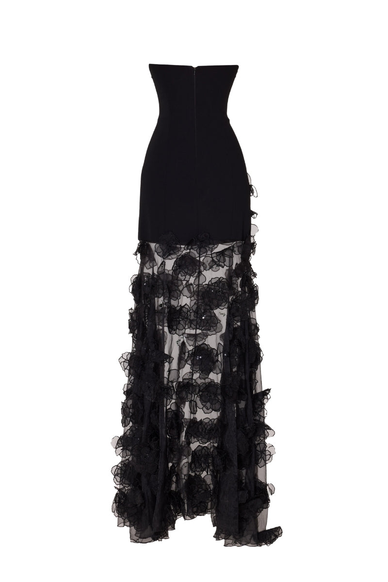 Black Wisteria dress gown by Tarık Ediz displayed on a ghost mannequin, showing the back design and elegant silhouette.