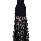 Black Wisteria dress by Tarık Ediz displayed on a ghost mannequin, showcasing elegant gown with flowing fabric and detailed design.