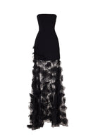 Black Wisteria dress by Tarık Ediz displayed on a ghost mannequin, showcasing elegant gown with flowing fabric and detailed design.