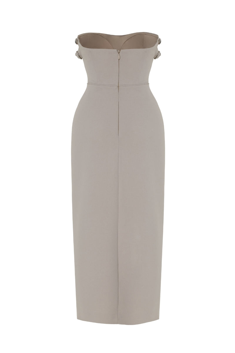 Back view of Tarık Ediz Atalia Mink Midi Dress on ghost mannequin, showcasing elegant design and luxurious fabric.