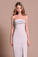 Tarık Ediz Atalia mink midi dress displayed on a model, showcasing elegant design and luxurious fabric details.