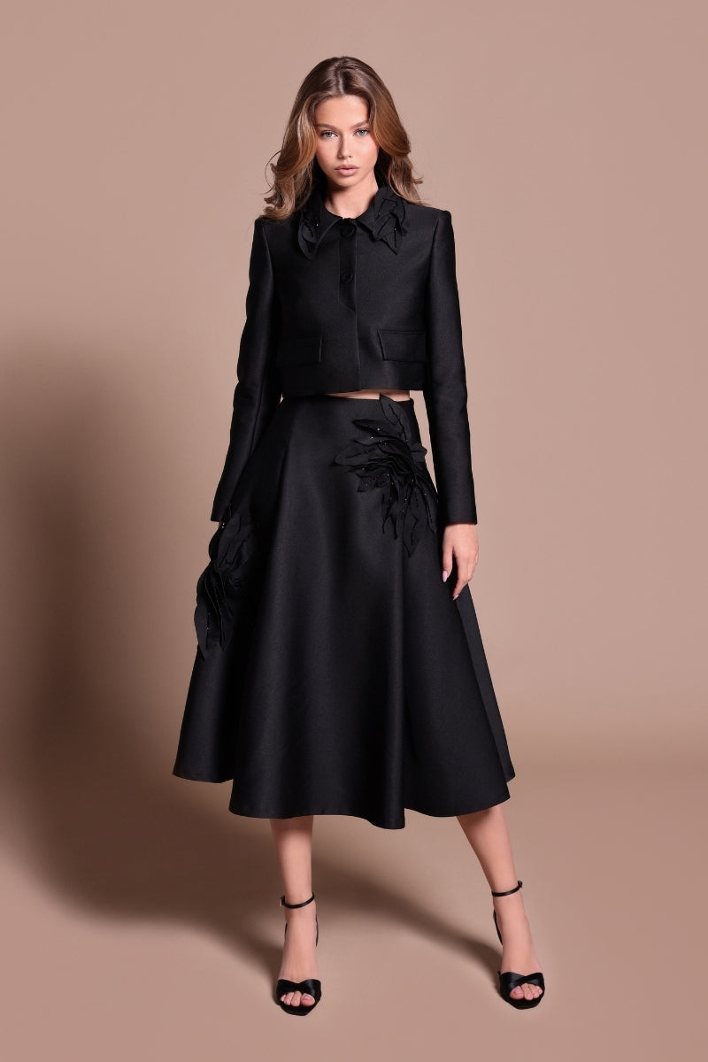 Black Tarık Ediz Agatha co-ords set featuring a stylish top and matching pants, shown from a front view.