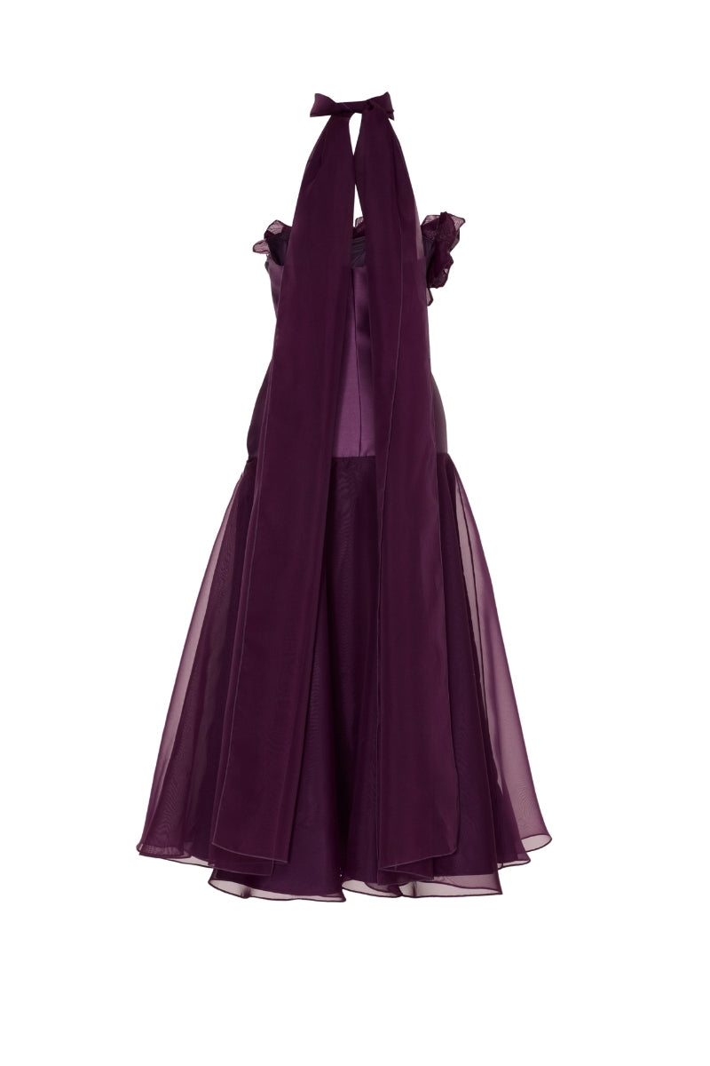 Tarık Ediz cranberry juice midi dress on mannequin, showing back view with fitted waist and elegant design.