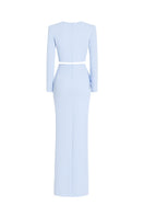 Blue Aura Caspian set in co-ords by Tarık Ediz, shown on ghost mannequin from the back, featuring a stylish matching top and pants.
