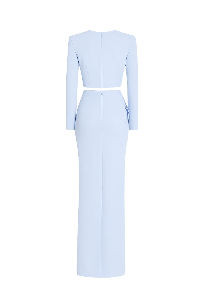 Blue Aura Caspian set in co-ords by Tarık Ediz, shown on ghost mannequin from the back, featuring a stylish matching top and pants.