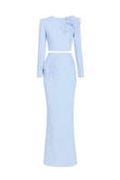 Blue Aura Caspian co-ord set by Tarık Ediz displayed on a ghost mannequin, showcasing stylish matching top and pants.