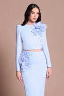 Tarık Ediz Caspian Set in Blue Aura co-ords featuring stylish matching top and pants with elegant details.