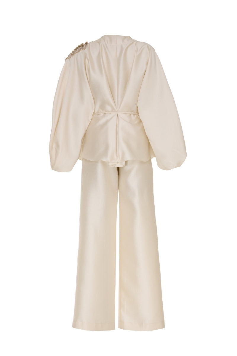 Tarık Ediz MADDIE vanilla co-ords set displayed on mannequin, back view showing stylish matching top and pants.