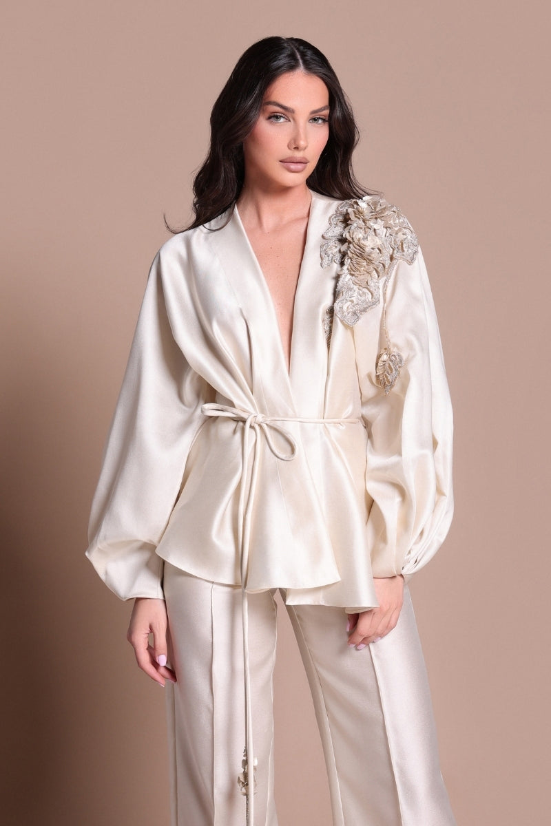 Tarık Ediz MADDIE vanilla co-ords set with stylish top and matching pants, featuring a modern, elegant design.