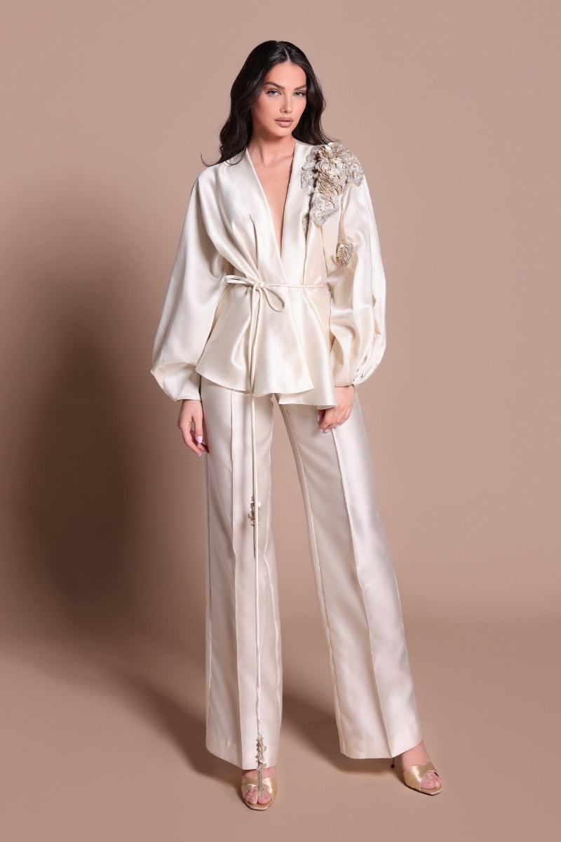 Tarık Ediz MADDIE vanilla co-ords set shown from the front, featuring a stylish matching top and pants ensemble.