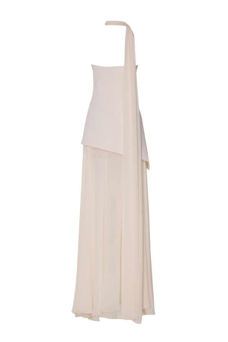 Tarık Ediz Lorraine vanilla gown displayed on ghost mannequin, back view showcasing elegant design and flowing fabric.