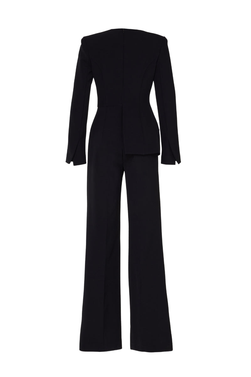 Black IRENI jumpsuit by Tarık Ediz displayed on a ghost mannequin, showing the back view with sleek, fitted design.