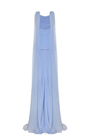 Blue Aura Valetin co-ord set by Tarık Ediz displayed on a ghost mannequin, showcasing the matching top and bottoms from the back.