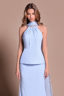 Blue Aura Valetin co-ord set by Tarık Ediz, featuring stylish matching top and pants with intricate details.
