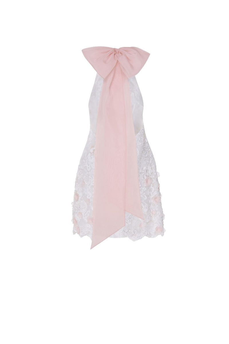 Tarık Ediz ivory mini dress on ghost mannequin, back view showcasing elegant design and fit.