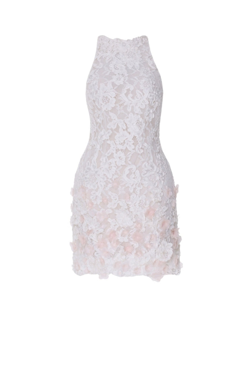 Ivory Michele mini dress by Tarık Ediz displayed on a ghost mannequin, front view showing elegant fit and sleek design.