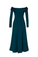 Tarık Ediz Laura gown in Atlantic Blue displayed on ghost mannequin, back view showcasing elegant design and flowing fabric.