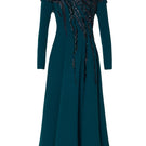 Tarık Ediz Laura dress in Atlantic Blue, elegant gown displayed on ghost mannequin, featuring flowing fabric and stylish design.