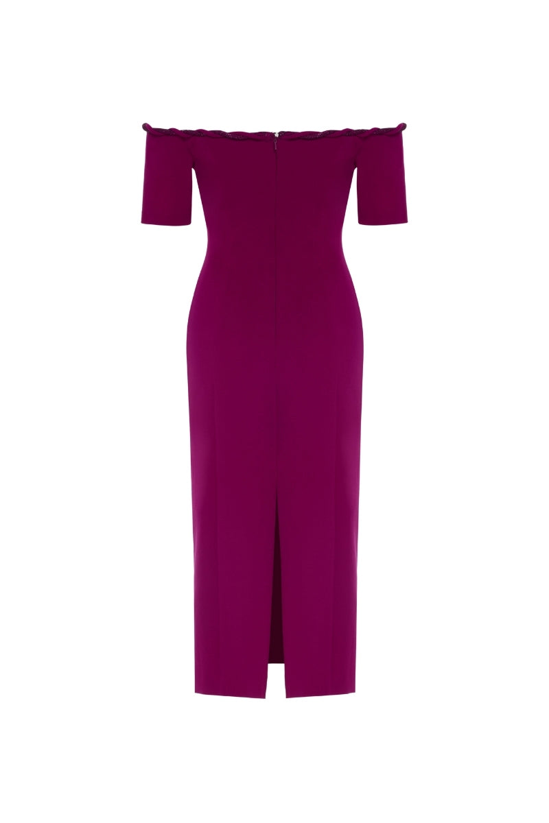 Tarık Ediz Viorel Sangria midi dress on ghost mannequin, showing back view with elegant design and flowing fabric.