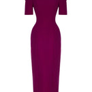 Tarık Ediz Viorel Sangria midi dress displayed on ghost mannequin, showcasing elegant design and flowing fabric.