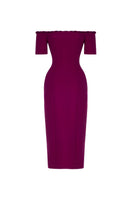 Tarık Ediz Viorel Sangria midi dress displayed on ghost mannequin, showcasing elegant design and flowing fabric.