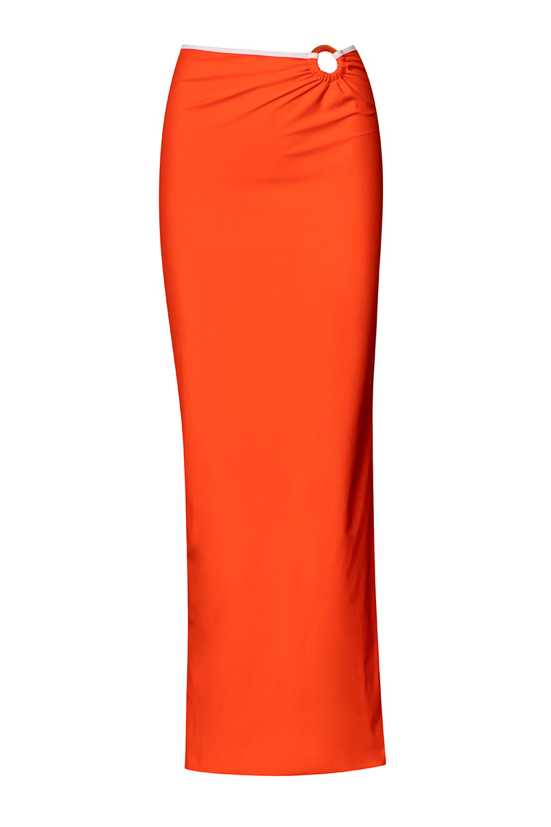 Baobab Zur Maxi Pareo in Campari, a vibrant cover-up with bold red and orange patterns, perfect for beach or poolside wear.