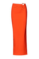 Baobab Zur Maxi Pareo in Campari, a vibrant cover-up with bold red and orange patterns, perfect for beach or poolside wear.